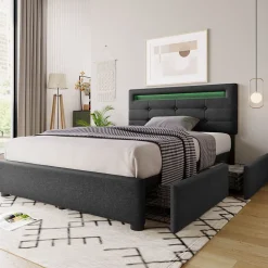 Okwish Lit avec rangement 90x200 cm - Lit simple capitonné avec LED et 2 tiroirs - Bois massif + Lin + Métal - Sans Matelas - Gris Sale