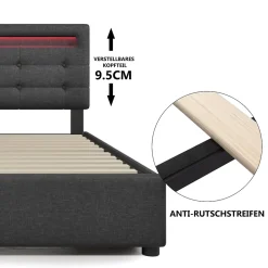 Okwish Lit avec rangement 90x200 cm - Lit simple capitonné avec LED et 2 tiroirs - Bois massif + Lin + Métal - Sans Matelas - Gris Sale