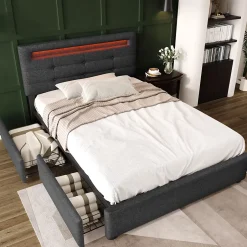 Okwish Lit avec rangement 90x200 cm - Lit simple capitonné avec LED et 2 tiroirs - Bois massif + Lin + Métal - Sans Matelas - Gris Sale