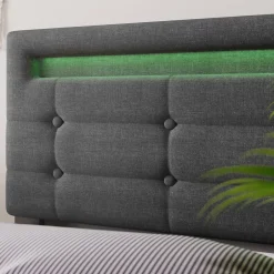 Okwish Lit avec rangement 90x200 cm - Lit simple capitonné avec LED et 2 tiroirs - Bois massif + Lin + Métal - Sans Matelas - Gris Sale