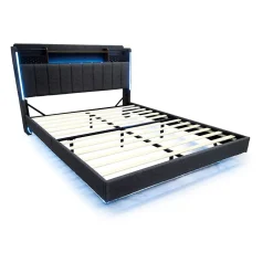 Okwish Lit avec rangement 140x200 cm - Lit double capitonné avec éclairage LED - lin + Métal - Sans matelas - Gris