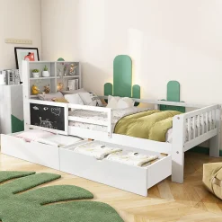 Okwish Lit avec rangement 90x200 cm - Lit enfant simple avec 2 tiroirs et table, structure en bois massif et MDF - Blanc - Sans matelas