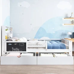 Okwish Lit avec rangement 90x200 cm - Lit enfant simple avec 2 tiroirs et table, structure en bois massif et MDF - Blanc - Sans matelas