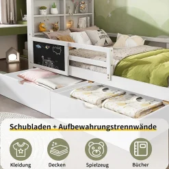 Okwish Lit avec rangement 90x200 cm - Lit enfant simple avec 2 tiroirs et table, structure en bois massif et MDF - Blanc - Sans matelas
