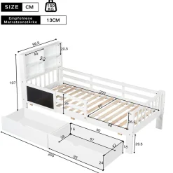 Okwish Lit avec rangement 90x200 cm - Lit enfant simple avec 2 tiroirs et table, structure en bois massif et MDF - Blanc - Sans matelas