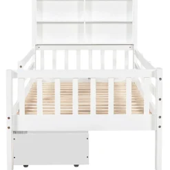 Okwish Lit avec rangement 90x200 cm - Lit enfant simple avec 2 tiroirs et table, structure en bois massif et MDF - Blanc - Sans matelas