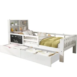 Okwish Lit avec rangement 90x200 cm - Lit enfant simple avec 2 tiroirs et table, structure en bois massif et MDF - Blanc - Sans matelas