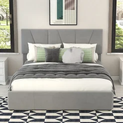 Okwish Lit avec rangement 140x200 cm - Lit rembourré avec tête de lit réglable et 4 tiroirs - Bois de pin + Velours - Sans matelas - Gris