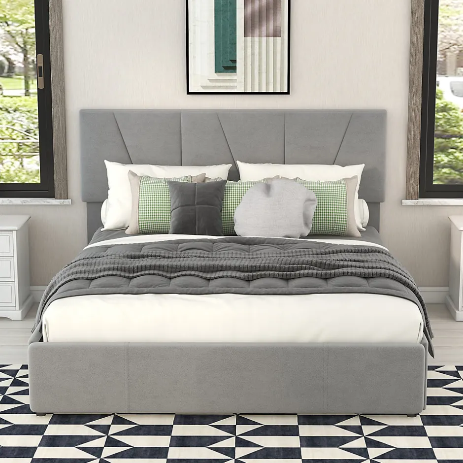Okwish Lit avec rangement 140x200 cm - Lit rembourré avec tête de lit réglable et 4 tiroirs - Bois de pin + Velours - Sans matelas - Gris