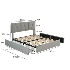 Okwish Lit avec rangement 140x200 cm - Lit rembourré avec tête de lit réglable et 4 tiroirs - Bois de pin + Velours - Sans matelas - Gris