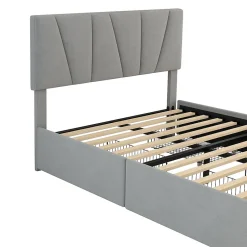 Okwish Lit avec rangement 140x200 cm - Lit rembourré avec tête de lit réglable et 4 tiroirs - Bois de pin + Velours - Sans matelas - Gris
