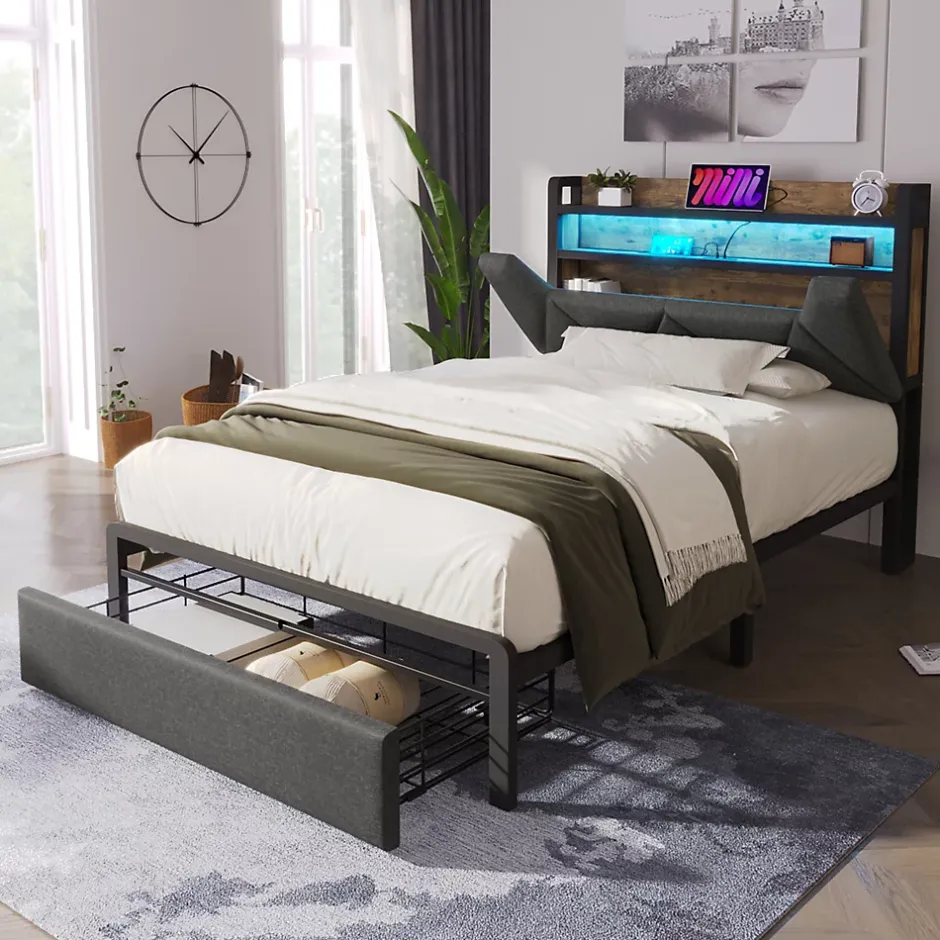 Okwish Lit avec rangement 90x200 cm - Lit simple rembourré avec tiroirs et fonction de chargement USB - Lin - Sans Matelas - Gris Outlet