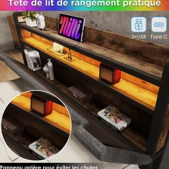 Okwish Lit avec rangement 90x200 cm - Lit simple rembourré avec tiroirs et fonction de chargement USB - Lin - Sans Matelas - Gris Outlet