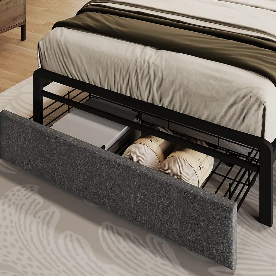 Okwish Lit avec rangement 90x200 cm - Lit simple rembourré avec tiroirs et fonction de chargement USB - Lin - Sans Matelas - Gris Outlet