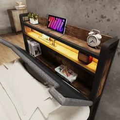 Okwish Lit avec rangement 90x200 cm - Lit simple rembourré avec tiroirs et fonction de chargement USB - Lin - Sans Matelas - Gris Outlet