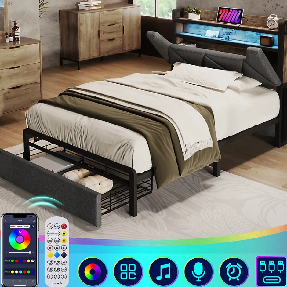 Okwish Lit avec rangement 90x200 cm - Lit simple rembourré avec tiroirs et fonction de chargement USB - Lin - Sans Matelas - Gris Outlet