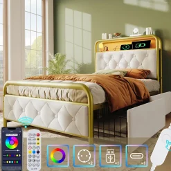 Okwish Lit avec Rangement 90x200 cm - Lit Simple Capitonné avec 2 Tiroirs, Ports USB et LED, Matelas Inclus, Velours, Blanc