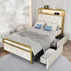 Okwish Lit avec Rangement 90x200 cm - Lit Simple Capitonné avec 2 Tiroirs, Ports USB et LED, Matelas Inclus, Velours, Blanc
