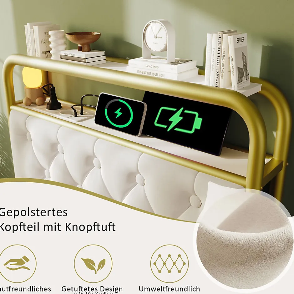 Okwish Lit avec Rangement 90x200 cm - Lit Simple Capitonné avec 2 Tiroirs, Ports USB et LED, Matelas Inclus, Velours, Blanc