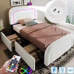 Okwish Lit avec rangement 90x200 cm - Lit simple rembourré avec 2 tiroirs et USB Type-C - Sherpa - Sans Matelas - Blanc