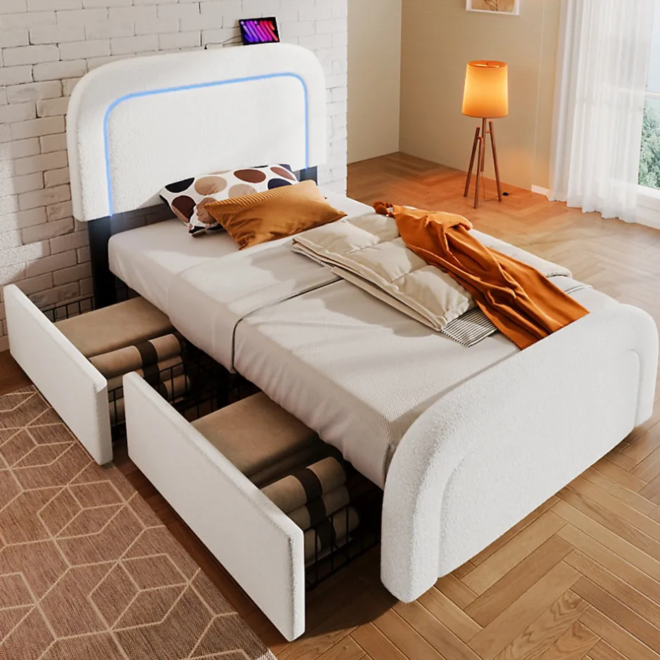 Okwish Lit avec rangement 90x200 cm - Lit simple rembourré avec 2 tiroirs et USB Type-C - Sherpa - Sans Matelas - Blanc