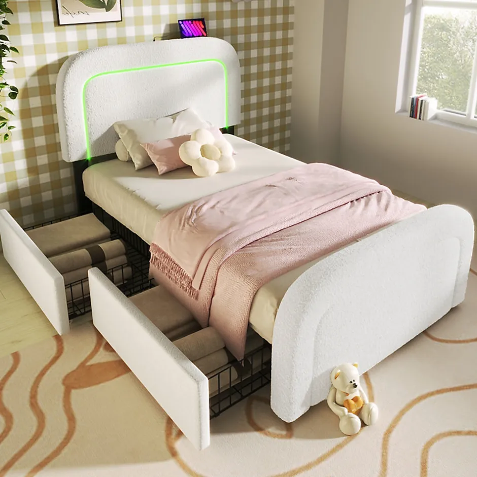 Okwish Lit avec rangement 90x200 cm - Lit simple rembourré avec 2 tiroirs et USB Type-C - Sherpa - Sans Matelas - Blanc