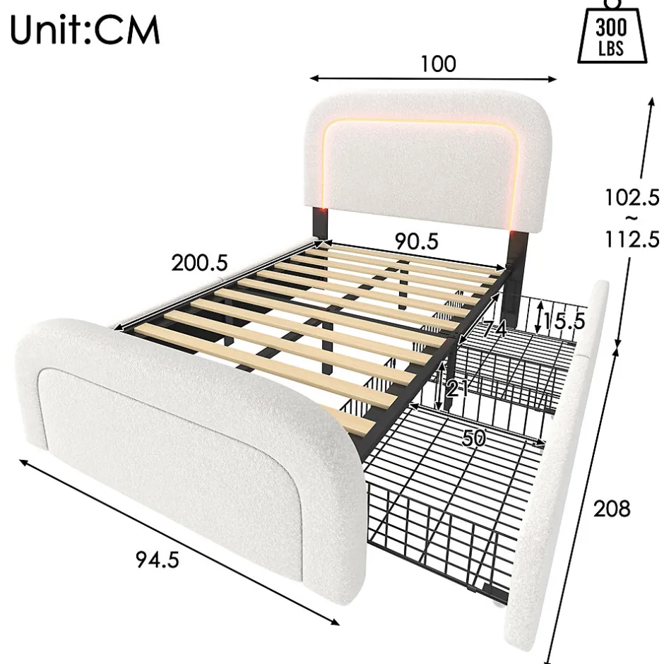 Okwish Lit avec rangement 90x200 cm - Lit simple rembourré avec 2 tiroirs et USB Type-C - Sherpa - Sans Matelas - Blanc