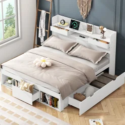 Okwish Lit avec Rangement 160x200 cm - Lit Double avec USB et Tiroirs, Armoire Intégrée - Sans Matelas - Bois Blanc