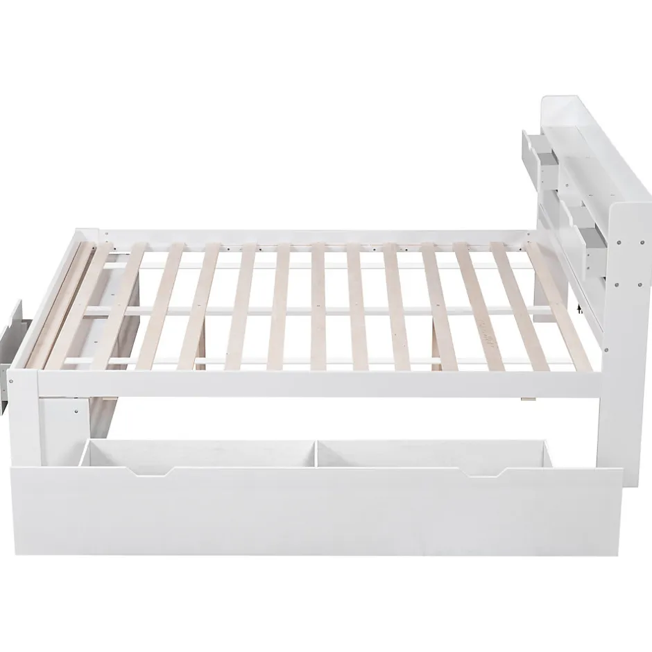 Okwish Lit avec Rangement 160x200 cm - Lit Double avec USB et Tiroirs, Armoire Intégrée - Sans Matelas - Bois Blanc