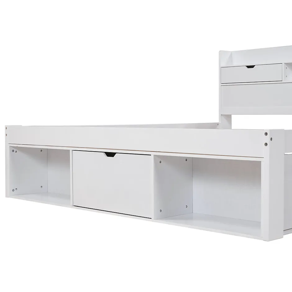 Okwish Lit avec Rangement 160x200 cm - Lit Double avec USB et Tiroirs, Armoire Intégrée - Sans Matelas - Bois Blanc