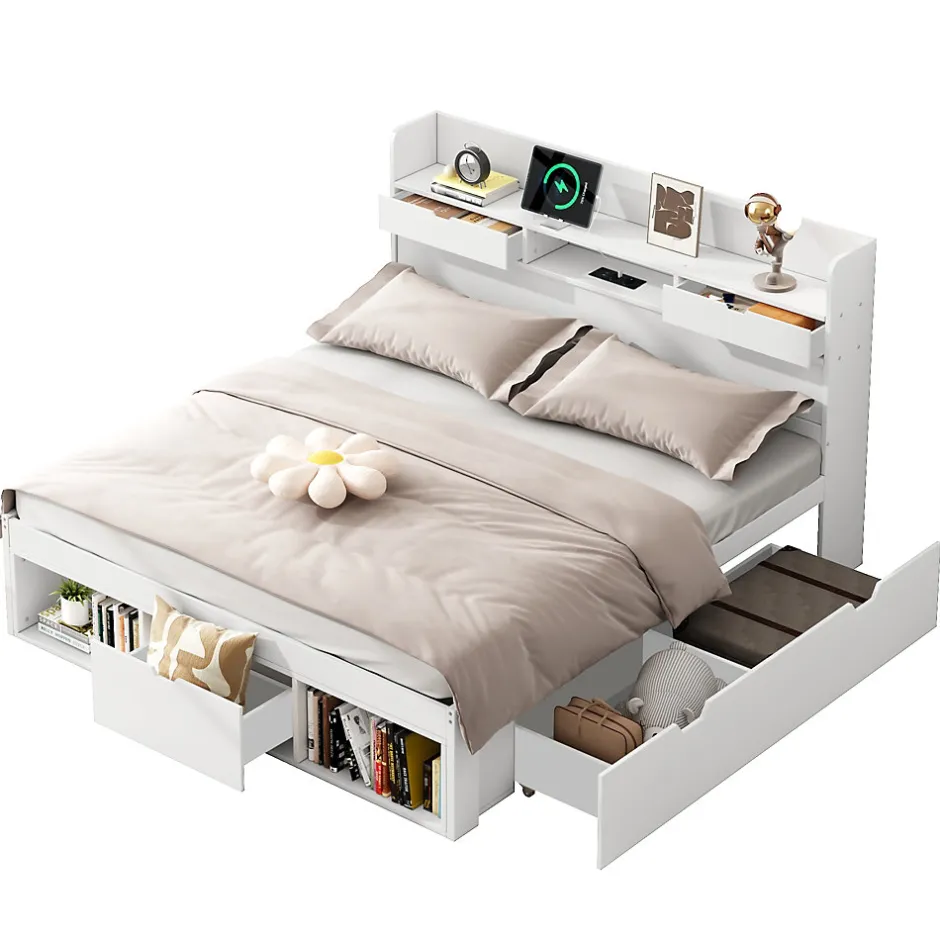 Okwish Lit avec Rangement 160x200 cm - Lit Double avec USB et Tiroirs, Armoire Intégrée - Sans Matelas - Bois Blanc