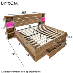 Okwish Lit avec rangement 160x200 cm - Lit double avec éclairage LED et USB - Bois massif + MDF - Sans Matelas - Chêne Sale