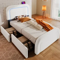 Okwish Lit avec rangement 90x200 cm - Lit simple capitonné avec tiroirs, USB Type-C et LED - Sherpa - Matelas Inclus - Blanc