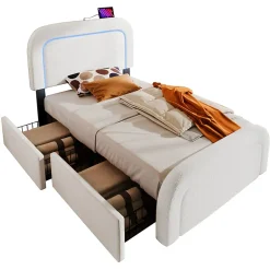 Okwish Lit avec rangement 90x200 cm - Lit simple capitonné avec tiroirs, USB Type-C et LED - Sherpa - Matelas Inclus - Blanc