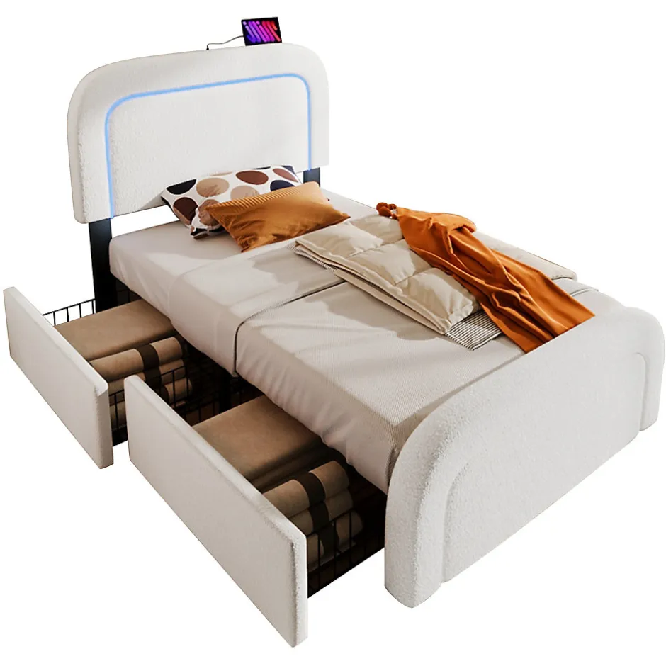 Okwish Lit avec rangement 90x200 cm - Lit simple capitonné avec tiroirs, USB Type-C et LED - Sherpa - Matelas Inclus - Blanc