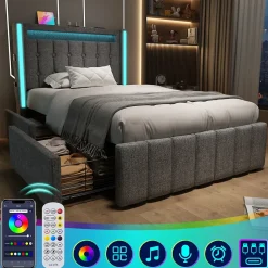 Generique Lit avec rangement 90x200 cm capitonné avec ports USB-C et LED, 2 tiroirs intégrés, tissu lin gris, sans matelas