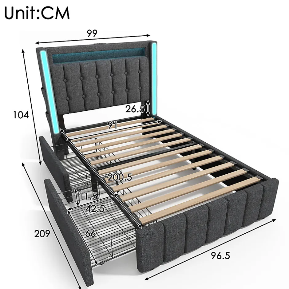 Generique Lit avec rangement 90x200 cm capitonné avec ports USB-C et LED, 2 tiroirs intégrés, tissu lin gris, sans matelas