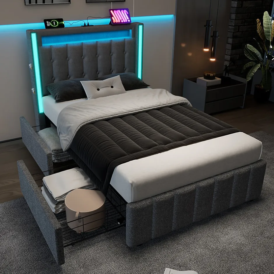 Generique Lit avec rangement 90x200 cm capitonné avec ports USB-C et LED, 2 tiroirs intégrés, tissu lin gris, sans matelas