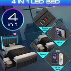 Generique Lit avec rangement 90x200 cm capitonné avec ports USB-C et LED, 2 tiroirs intégrés, tissu lin gris, sans matelas