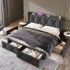 Okwish Lit avec rangement 160x200 cm double capitonné avec 4 tiroirs et ports USB, structure lin et bois robuste, gris, sans matelas Clearance