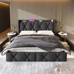 Okwish Lit avec rangement 160x200 cm double capitonné avec 4 tiroirs et ports USB, structure lin et bois robuste, gris, sans matelas Clearance