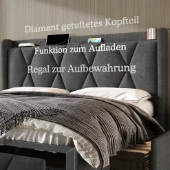 Okwish Lit avec rangement 160x200 cm double capitonné avec 4 tiroirs et ports USB, structure lin et bois robuste, gris, sans matelas Clearance