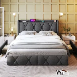 Okwish Lit avec rangement 160x200 cm double capitonné avec 4 tiroirs et ports USB, structure lin et bois robuste, gris, sans matelas Clearance