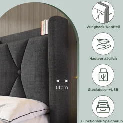Okwish Lit avec rangement 160x200 cm double capitonné avec 4 tiroirs et ports USB, structure lin et bois robuste, gris, sans matelas Clearance