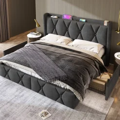 Okwish Lit avec rangement 160x200 cm double capitonné avec 4 tiroirs et ports USB, structure lin et bois robuste, gris, sans matelas Clearance