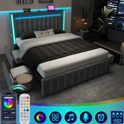 Okwish Lit avec rangement 160x200 cm double capitonné avec ports USB-C et LED, 4 tiroirs intégrés, tissu lin gris, sans matelas