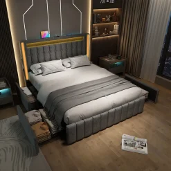 Okwish Lit avec rangement 160x200 cm double capitonné avec ports USB-C et LED, 4 tiroirs intégrés, tissu lin gris, sans matelas