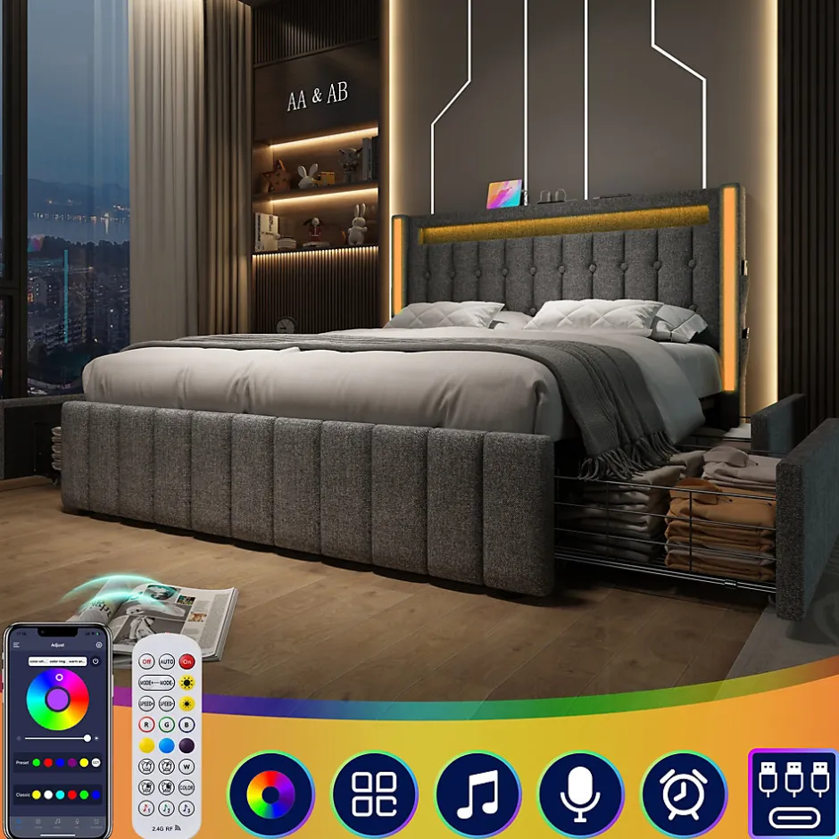 Okwish Lit avec rangement 160x200 cm double capitonné avec ports USB-C et LED, 4 tiroirs intégrés, tissu lin gris, sans matelas