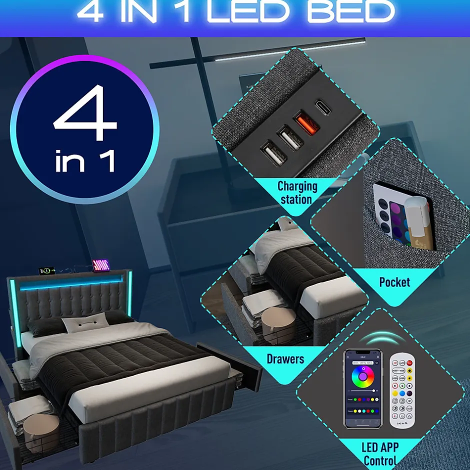 Okwish Lit avec rangement 160x200 cm double capitonné avec ports USB-C et LED, 4 tiroirs intégrés, tissu lin gris, sans matelas