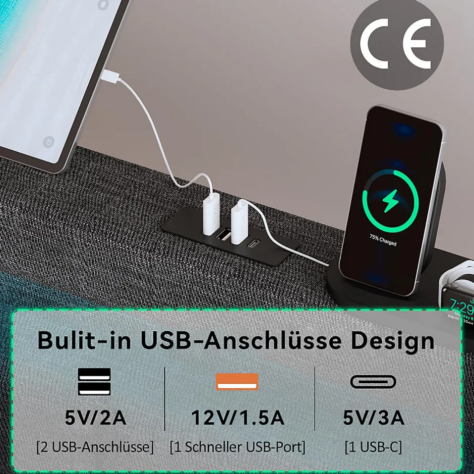 Okwish Lit avec rangement 160x200 cm double capitonné avec ports USB-C et LED, 4 tiroirs intégrés, tissu lin gris, sans matelas